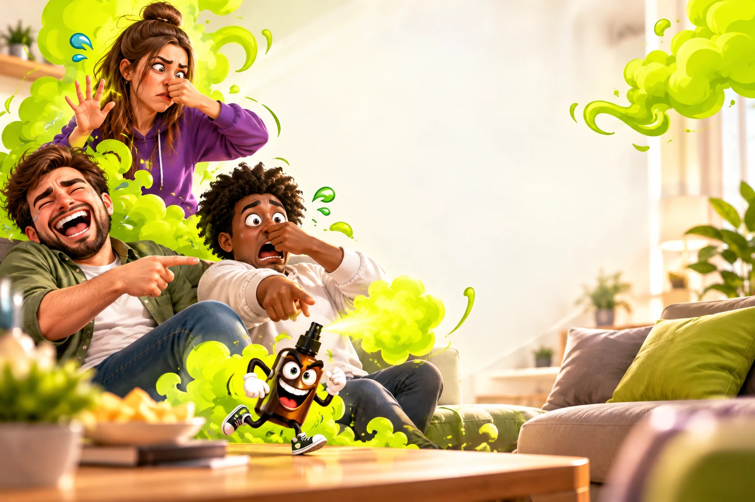 Illustrated friends react to a playful StinkSnap gag spray scene.