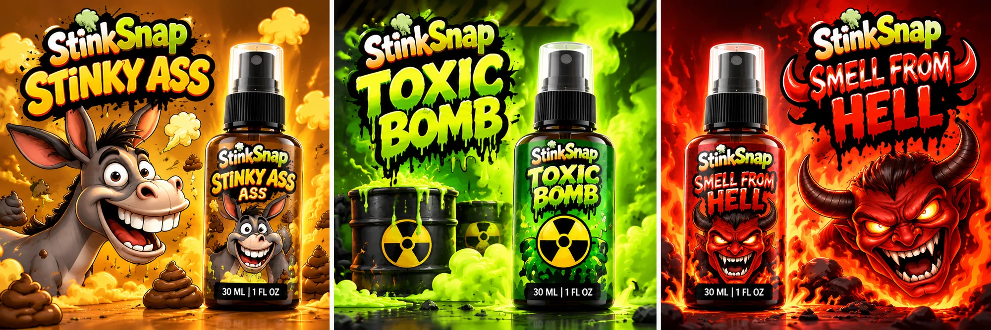 Three StinkSnap scent designs shown together: Stinky Ass, Toxic Bomb, and Smell From Hell.